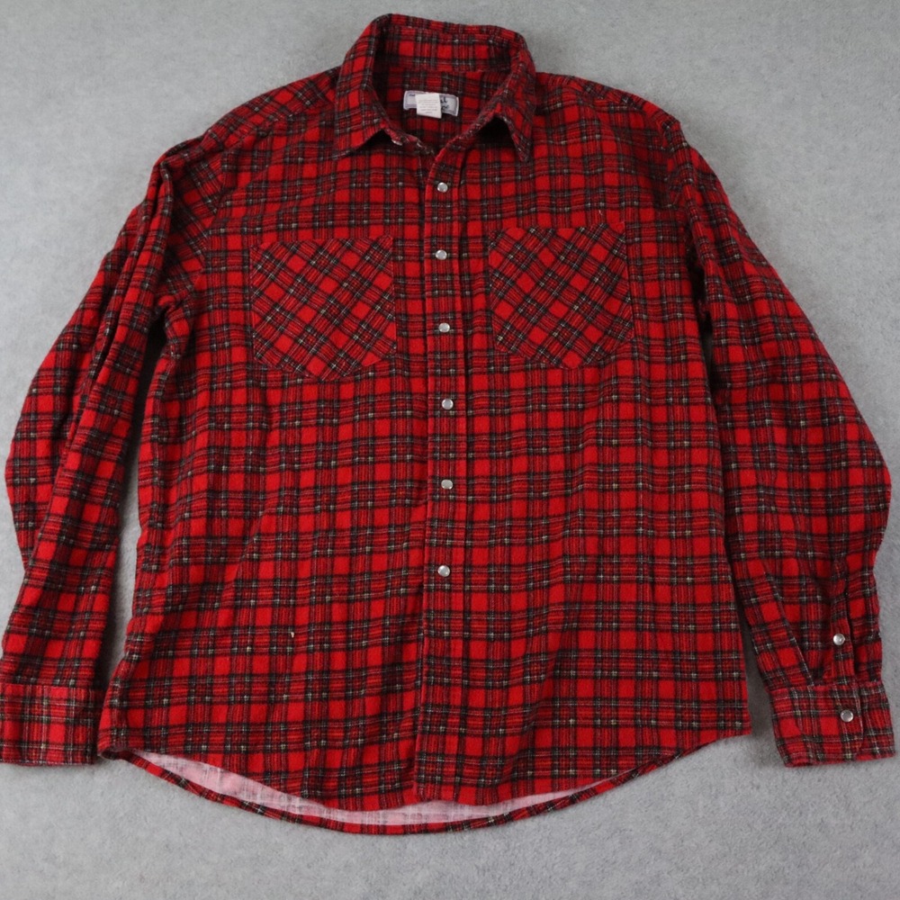 Haband Casual Joe Flannel Shirt Mens Medium Western Pearl Snap Plaid Long Sleeve